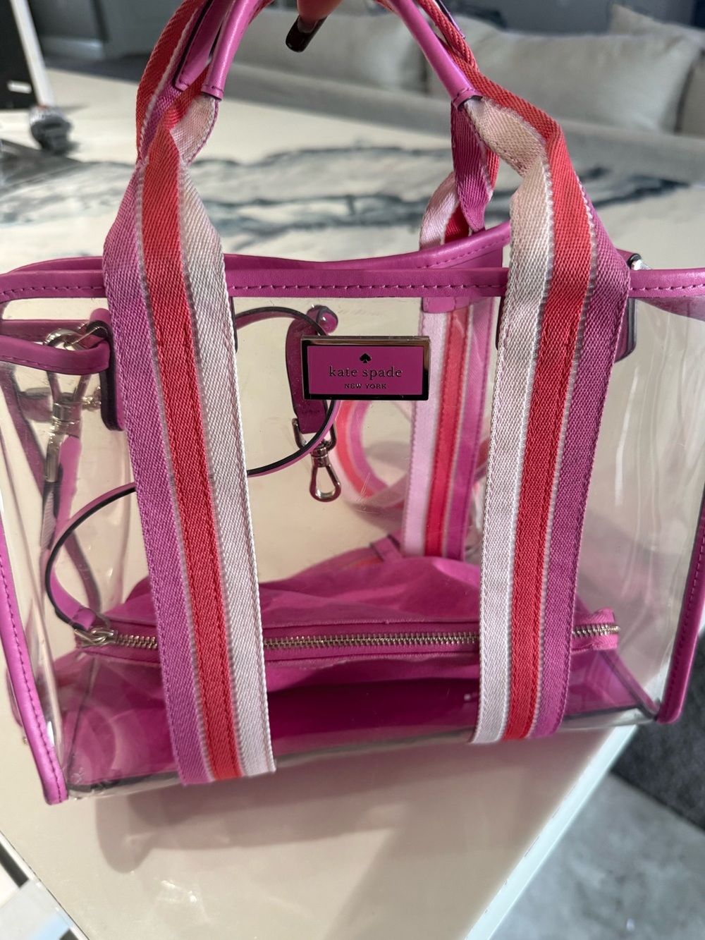 Kate Spade Clear Pink Tote Bag Striped Straps Removable Pouch